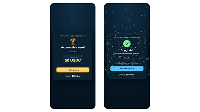 Two mobile app screens showing a reward interface built by Unfold. The left screen displays a golden trophy and 'You won this week! GET OFF A WAIT LIST 50 USDC' with a 'Claiming' button. The right screen shows a green checkmark and 'Congrats! You have been rewarded 50 USDC' with a 'Play Keep-Up' button.