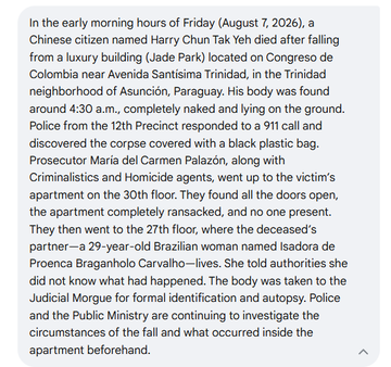 The image shows a news article reporting that Harry Chun Tak Yeh, a 27-year-old Chinese citizen, died after falling from the 30th floor of a luxury building (Jade Park) in Asunción, Paraguay on August 7, 2026, with his body found on the 27th floor near his partner Isadora de Proenca Braganholo Carvalho's apartment, which had been ransacked. The caption references "Harry Yeh" and connects his death to anecdotes about hosting crypto/Fantom events with escorts from Dubai in Abu Dhabi.