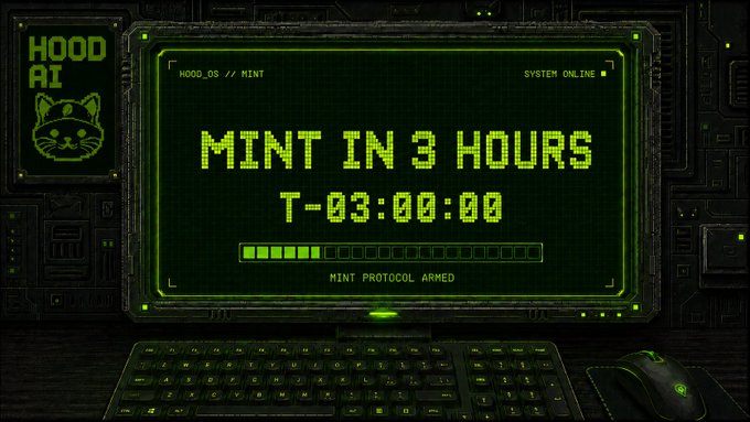 A retro-style computer monitor displays 'MINT IN 3 HOURS T-03:00:00' in green digital text, with 'HOOD AI' and a cat logo in the corner.