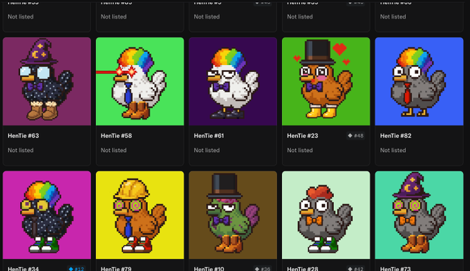 A gallery of pixel-art NFT characters called "HenTie" (numbered #63, #58, #61, #23, #82, #34, #79, #10, #28, #73) featuring various colorful bird-like creatures wearing hats, glasses, and ties, all marked as "Not listed." The image showcases the user's newly minted NFT collection, aligning with their post celebrating their return to minting "chubbicorns" artwork.