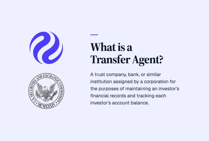 An informational graphic titled 'What is a Transfer Agent?' explaining it as a trust company or bank assigned by a corporation to maintain investor records, featuring logos for Transfer Agent and the SEC.