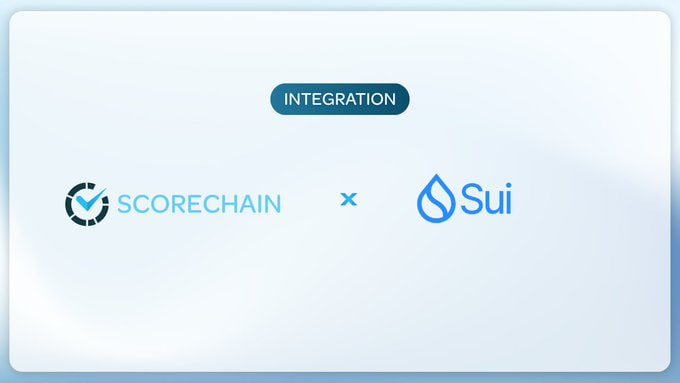 A promotional graphic announcing an integration between Scorechain and Sui, with the word 'INTEGRATION' displayed above their logos.