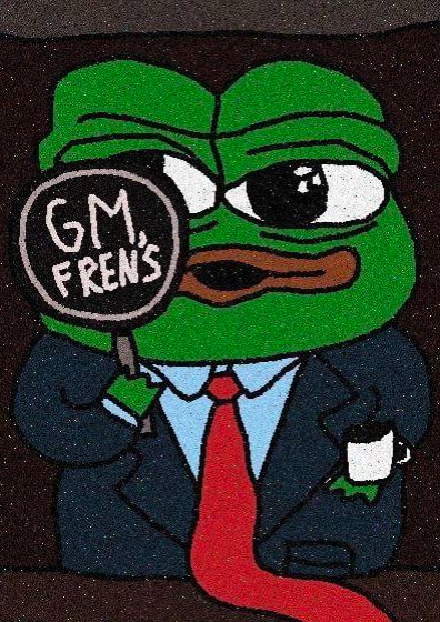 A cartoon illustration of a Pepe the Frog character in a suit and red tie holding a magnifying glass with the text 'GM FRENS' and a small coffee cup.