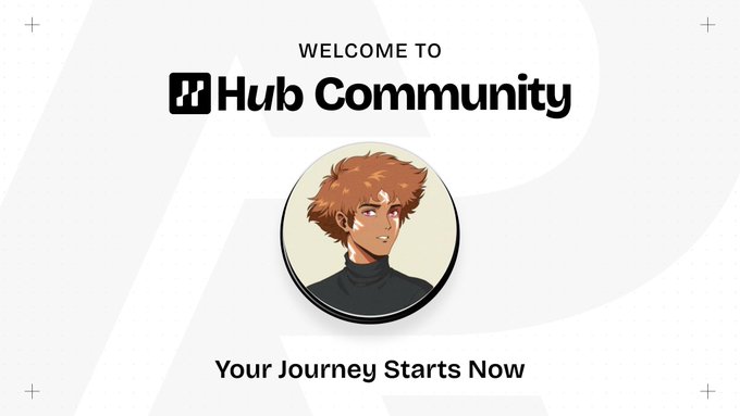 A welcome screen for 'Hub Community' featuring an anime-style male character avatar with brown hair and pink eyes, with the tagline 'Your Journey Starts Now'.