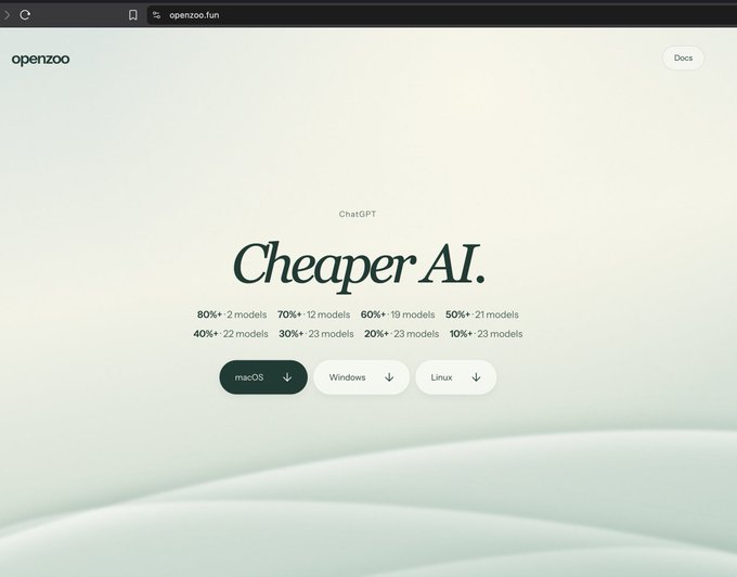 The Openzoo website homepage advertising 'Cheaper AI' for ChatGPT models with various discount tiers, offering downloads for macOS, Windows, and Linux.