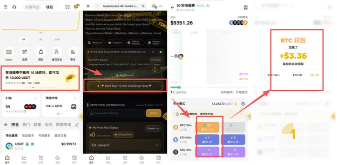 A composite screenshot of cryptocurrency trading platforms (Binance and another app) showing options to 'Start Your 10-Win Challenge Now' and a 'BTC 决胜' yield of +$3.36.