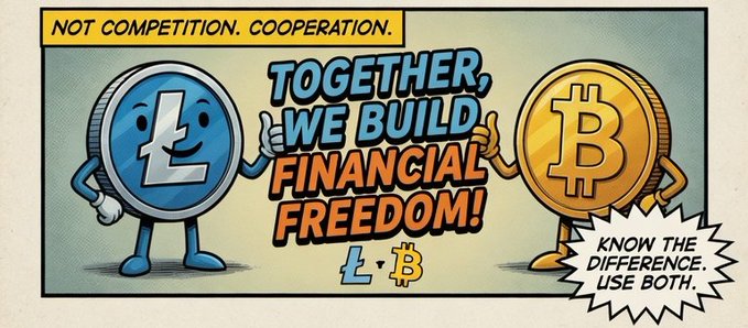 A cartoon-style graphic features anthropomorphic Litecoin and Bitcoin coins giving thumbs up, with text reading 'NOT COMPETITION. COOPERATION.', 'TOGETHER, WE BUILD FINANCIAL FREEDOM!', and 'KNOW THE DIFFERENCE. USE BOTH.'