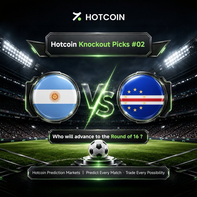 A promotional graphic for "Hotcoin Knockout Picks #02" features the Argentina and Cape Verde national flags displayed as circular emblems against a stadium backdrop, with "VS" between them and the question "Who will advance to the Round of 16?" above a soccer ball. The image visually supports the accompanying post's matchup prediction poll between Argentina and Cape Verde, directing viewers to follow @HotcoinGlobal and vote.