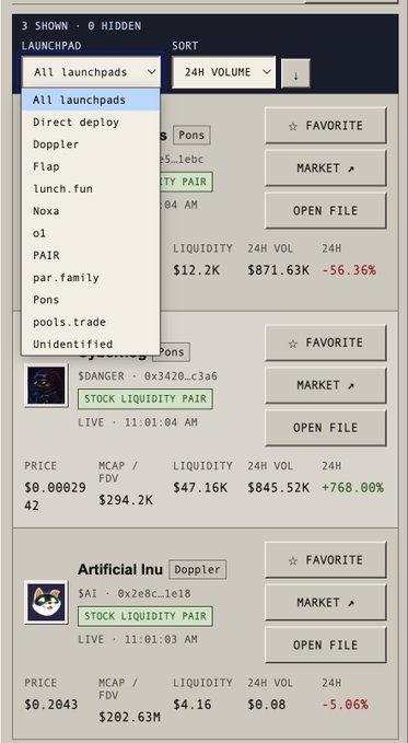 The image shows a crypto launchpad filtering interface with a dropdown menu open displaying options like "All launchpads," "Direct deploy," "Doppler," "Flap," "lunch.fun," "Noxa," "ol," "PAIR," "par.family," "Pons," "pools.trade," and "Unidentified," alongside tokens like "Pons" and "Artificial Inu [Doppler]" with stats such as $871.63K 24H VOL and +768.00% gains. This screenshot directly illustrates the "MULTI-LAUNCHPAD FILTERING" feature announced for Danq.site, showcasing the new ability to filter tokens by their launchpad source using Dexscreener data.