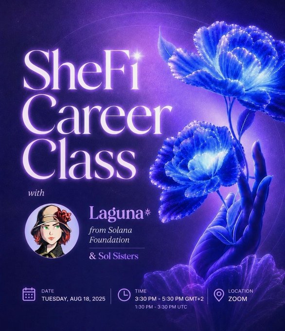 A purple promotional poster for 'SheFi Career Class' featuring a hand holding glowing blue flowers, with event details including date (August 18, 2025), time, and location on Zoom.