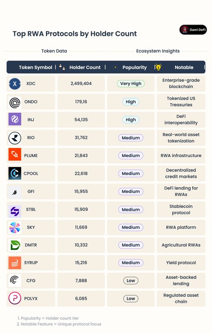 A data table titled 'Top RWA Protocols by Holder Count' from Demi Defi, listing tokens including XDC (2,499,404), ONDO (178,116), INJ (54,135), RIO (31,762), PLUME (21,843), CPOOL (22,618), GFI (15,955), STBL (15,909), SKY (11,669), DMTR (10,332), SYRUP (15,216), CFG (7,988), and POLYX (6,085) with their popularity ratings and notable features.