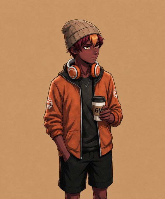 An anime-style illustration shows a young man with red-tipped hair wearing an orange bomber jacket, beanie, and headphones around his neck, holding a coffee cup labeled 'GM'.