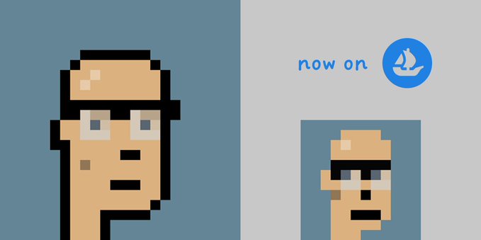 A pixel art image showing a stylized face in profile on the left against a blue background, with text 'now on' and a blue sail logo on the right, alongside a smaller version of the pixel face.