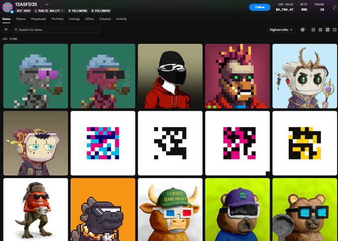The image shows a Rarible NFT collection page for the user "13ASFD35" displaying 352 items with a USD value of $4,794.47, featuring pixel-art characters and animals like dinosaurs, pandas, and bears. The caption context reveals a heartfelt message from a creator devastated after losing approximately $50K worth of ETH and crypto to a hack, suggesting these NFTs may represent the creator's digital art portfolio that was affected by or separate from their loss.