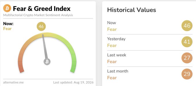 A screenshot of the Crypto Fear & Greed Index showing a current value of 46 (Fear), with historical values: Yesterday 41, Last week 27, Last month 29, last updated August 19, 2026.