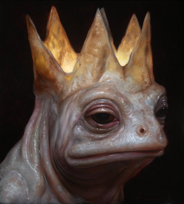 Digital artwork of a grotesque, amphibian-like creature wearing an ornate golden crown, with a small hole on its snout.