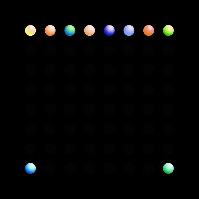 A digital image showing a row of eight colored spheres across the top, and two spheres (one blue, one green) at the bottom corners, against a black background with a faint grid of dark circles.