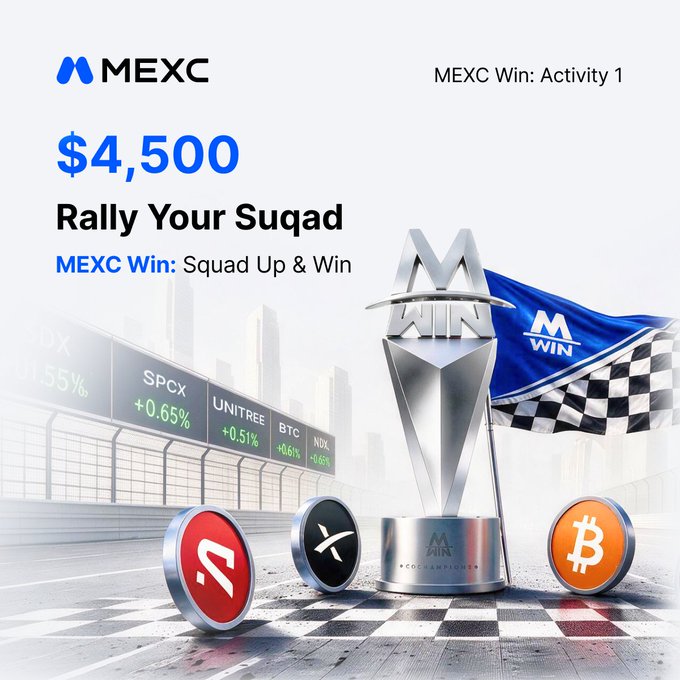 A promotional banner for MEXC Win: Activity 1 advertising $4,500 'Rally Your Suqad' Squad Up & Win campaign, featuring a silver championship trophy, checkered flag, and coins displaying Aave (A), XRP, and Bitcoin (BTC) logos alongside price tickers like SPCX +0.65%, UNITREE +0.51%, and BTC +0.6%.