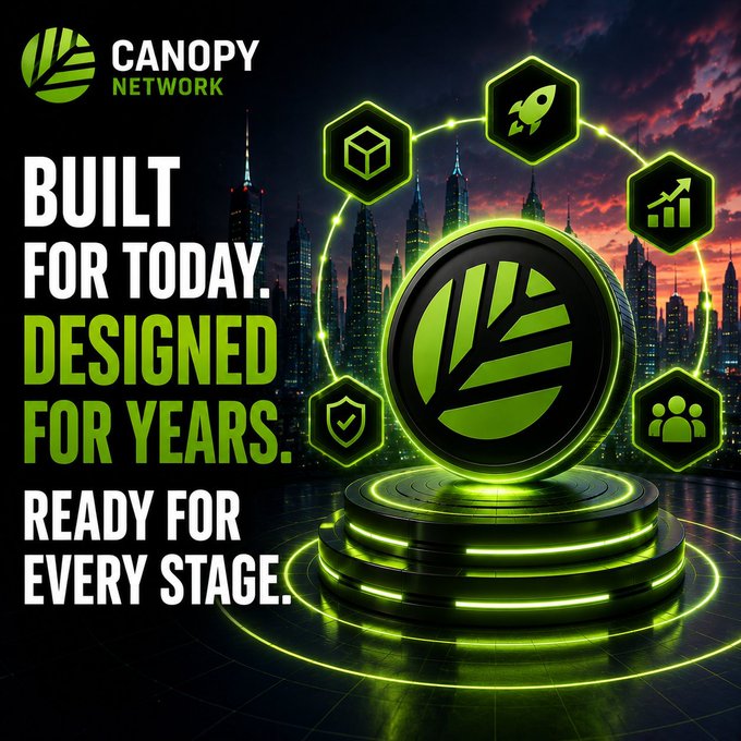A promotional graphic for Canopy Network featuring a glowing green logo and the text 'BUILT FOR TODAY. DESIGNED FOR YEARS. READY FOR EVERY STAGE.' over a city skyline at dusk.