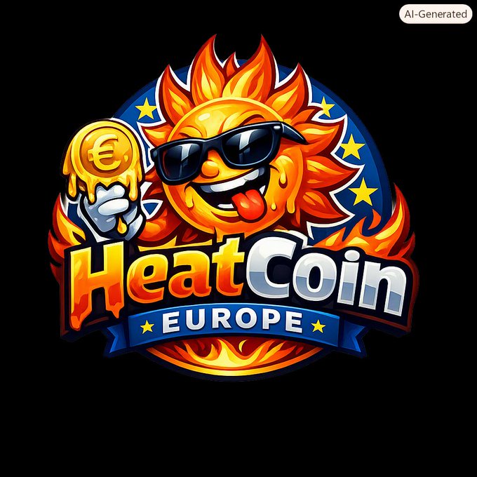 An AI-generated cartoon logo for "HeatCoin EUROPE" featuring a smiling sun character wearing sunglasses, holding a euro coin, with flames surrounding the text.