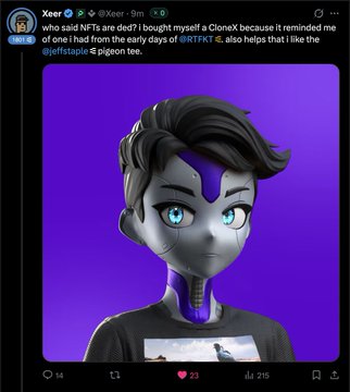 The image features a cartoon girl with blue eyes wearing a black shirt, standing against a purple background. The caption below the image reads "the CT KOL cabal are up to something, and they're buying CloneX and the new owners of RTFKT are still unknown (or not) so...what do they know?".