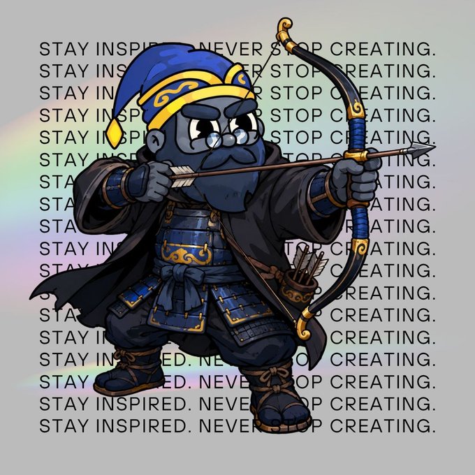 A cartoon illustration of a blue-skinned archer warrior with a pointed wizard hat, bow and arrow, and traditional Asian-style armor, overlaid with repeated text reading "STAY INSPIRED. NEVER STOP CREATING."