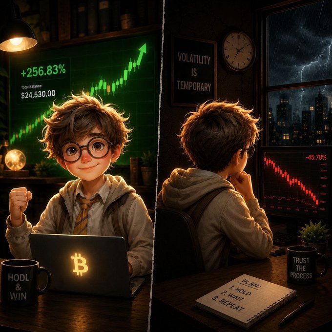 A split digital illustration shows a young boy at a laptop with Bitcoin on the screen ("+256.83%", "$24,530.00", "HODL & WIN") on the left, and the same boy watching a red crash chart ("-45.78%", "VOLATILITY IS TEMPORARY", "TRUST THE PROCESS", "PLAN: 1. HOLD 2. WAIT 3. REPEAT") on the right.