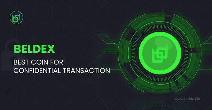 A promotional graphic for 'BELDEX' featuring green text on a dark background that reads 'BEST COIN FOR CONFIDENTIAL TRANSACTION' with the website 'www.beldex.io'.