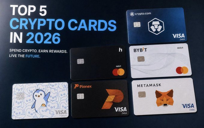 The image shows a collection of six different types of cryptocurrency cards displayed against a dark blue background. Each card has unique designs and features, showcasing various aspects of digital currency. The text "Top 5 Cryptocurrency Cards In 2016" suggests that these cards are related to the top five most popular cryptocurrencies at the time. The post also mentions that users can optimize their trading fees by using these cards, which implies that they could potentially save money on certain expenses or transactions involving cryptocurrency.

The image does not provide any information about how to use these cards for specific tasks like paying bills with a Bitcoin card or using a Visa card for crypto payments. The focus of the post is more on the variety and popularity of the cryptocurrency cards rather than their practical uses in daily life.