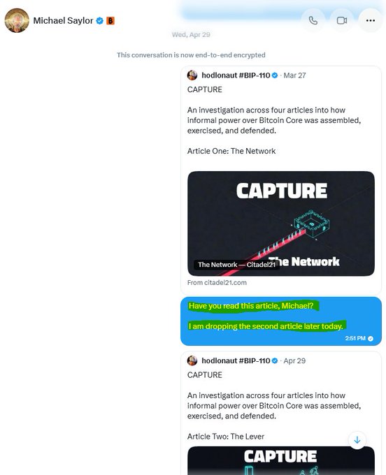 A screenshot of a Signal conversation with Michael Saylor, where 'hodlonaut' shares articles titled 'CAPTURE' investigating informal power over Bitcoin Core.
