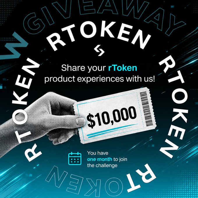 A promotional graphic for a "RTOKEN GIVEAWAY" encouraging users to share their rToken product experiences, featuring a hand holding a $10,000 ticket and noting there is "one month to join the challenge."