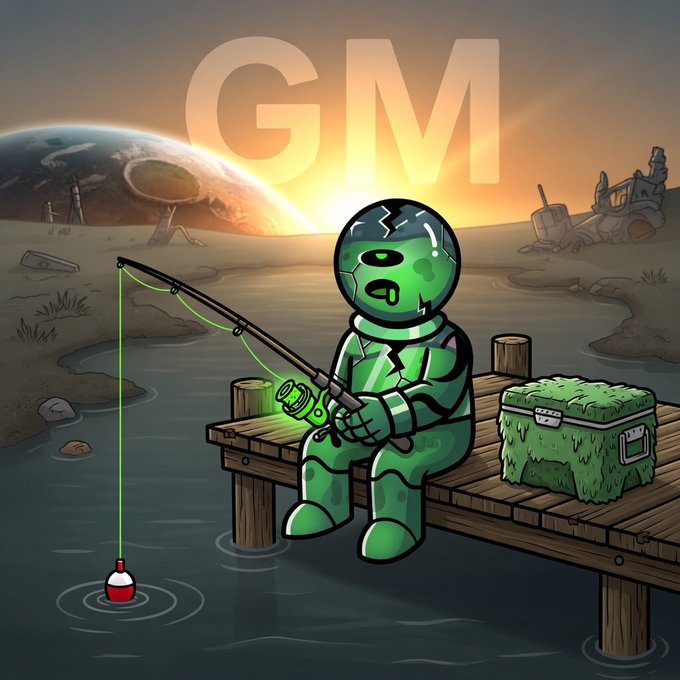 A green astronaut sits peacefully on a wooden dock fishing on an alien planet, with a tackle box beside them and a red-and-white bobber floating in the water below. Large "GM" letters glow against a sunset sky in the background, perfectly capturing the relaxed, joyful "Good Morning/Friday" spirit of the post about unwinding and stacking wins with the Web3 community.