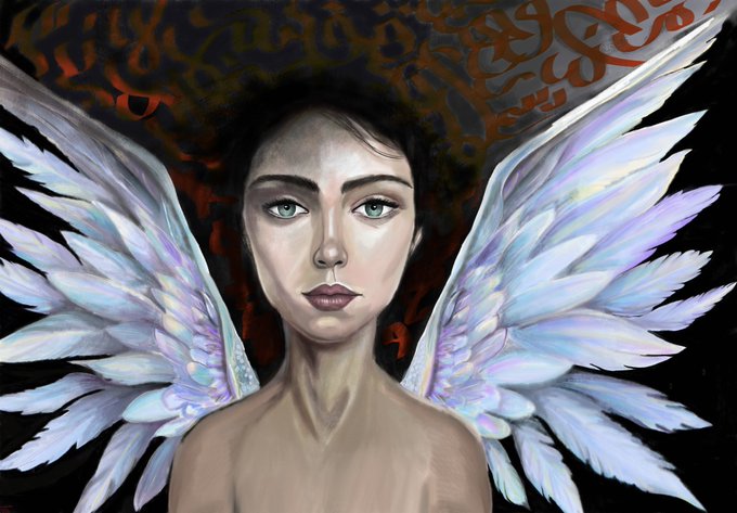 A digital painting of a pale, winged female figure with large feathered wings against a dark, ornate background.
