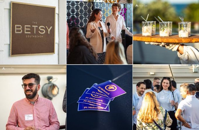 A collage of six images showing an event at The Betsy South Beach, featuring people networking, a tray of drinks, a smiling man with glasses and a name tag, purple "Pi Network" stickers, and a group of attendees mingling outdoors.