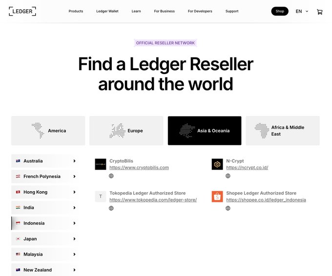 A screenshot of the Ledger website showing a 'Find a Ledger Reseller around the world' page with regional tabs (America, Europe, Asia & Oceania, Africa & Middle East) and listings for resellers in countries like Australia, French Polynesia, Hong Kong, India, Indonesia, Japan, and Malaysia, including CryptoBills, N-Crypt, Tokopedia Ledger Authorized Store, and Shopee Ledger Authorized Store.