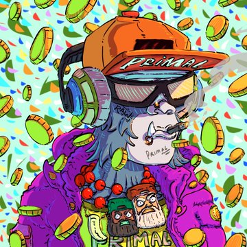 A vibrant, cartoon-style illustration of a bear wearing an orange cap labeled 'PRIMAL', sunglasses, and headphones, holding a can, with two small bird characters on its shirt, all surrounded by falling gold coins.