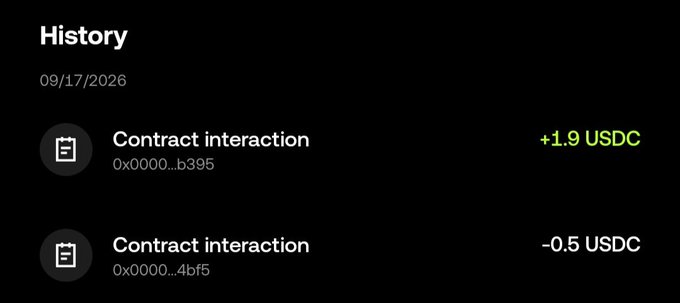 A history screen dated 09/17/2026 shows two contract interactions: +1.9 USDC (0x0000...b395) and -0.5 USDC (0x0000...4bf5).