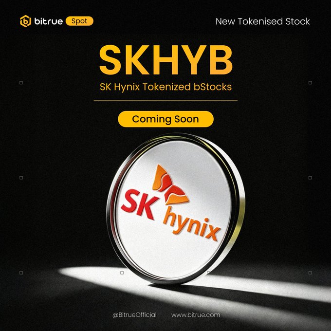 Bitrue Spot announces the upcoming listing of **SKHYB**, a tokenized version of SK Hynix bStocks, featuring the SK hynix logo prominently displayed on a 3D silver coin against a black background with "Coming Soon" branding.