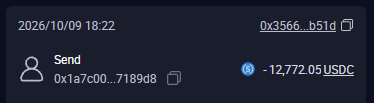 A screenshot of a digital wallet transaction showing a 'Send' action of -12,772.05 USDC from address 0x1a7c00...7189d8, timestamped 2026/10/09 18:22.