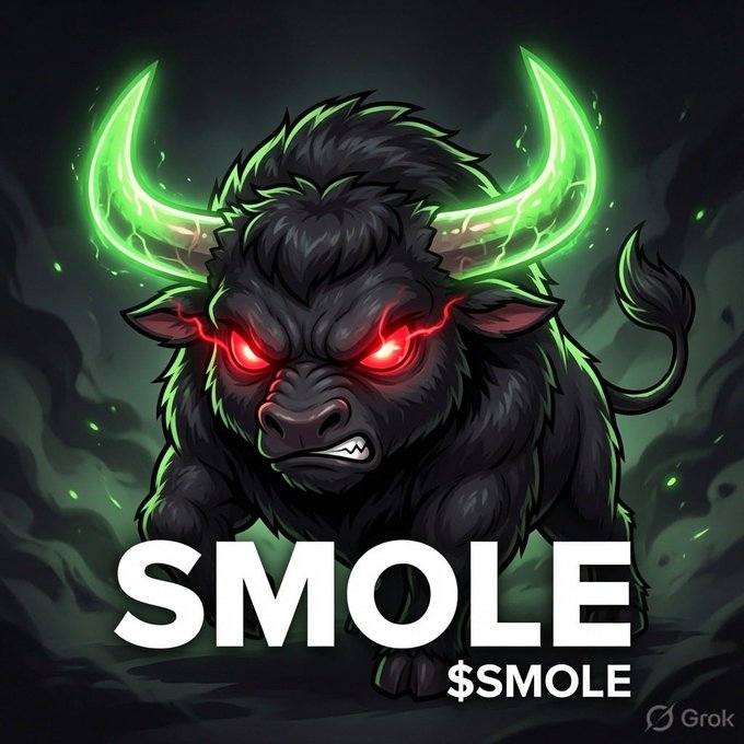 A fierce, shadowy black bull with glowing green horns and menacing red eyes stands in a dark, smoky atmosphere, positioned above the bold white text "SMOLE" and the ticker "$SMOLE." The image visually reinforces the post's message of an aggressive "smol bull" battling the larger "black bull," symbolizing bullish energy overpowering bearish dominance for the $SMOLE token.