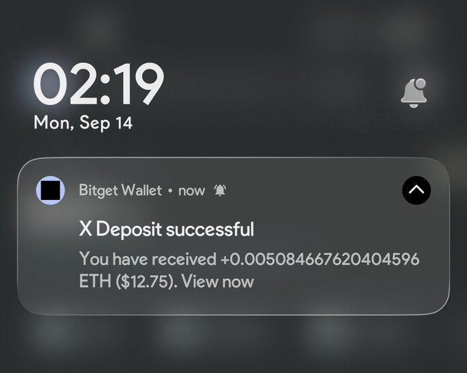 A Bitget Wallet notification shows a successful deposit of 0.005084667620404596 ETH ($12.75) on Monday, September 14 at 2:19 AM. The image illustrates the small morning Ethereum deposit referenced in the post about starting the day with a little ETH.