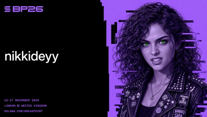 A stylized promotional graphic for 'BP26' featuring a woman with curly hair, glowing green eyes, and a studded leather jacket against a purple glitch-effect background, with text including 'nikkideyy', '15-17 NOVEMBER 2026', 'LONDON UNITED KINGDOM', and 'SOLANA.COM/BREAKPOINT'.