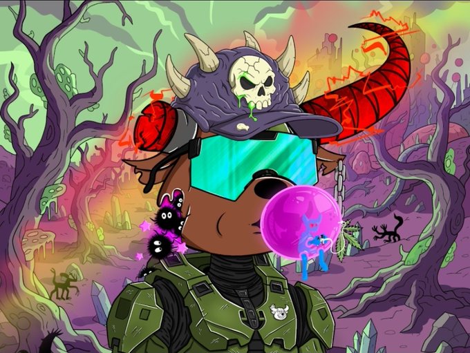 A cartoon bear in green tactical armor and a horned skull cap blows a pink bubblegum bubble in a surreal, twisted forest filled with mutated creatures and eerie purple trees, capturing the gritty, playful Mutant NFT aesthetic tied to BullBearsX's "Happy Mutant Monday" Web3 greeting.