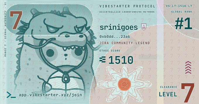 A digital card labeled 'VIBESTARTER PROTOCOL' featuring a cartoon character illustration, with text 'srinigoes', 'JIRA COMMUNITY LEGEND', and 'ETHOS SCORE 1510'.