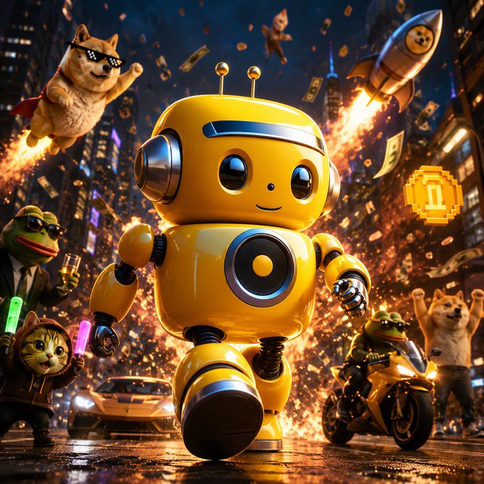 A cheerful yellow robot strides triumphantly through a chaotic cityscape filled with meme characters—including a flying Shiba Inu with sunglasses, Pepe the Frog, and rockets blasting off amid scattered dollar bills—while a pixelated "1" coin glows in the background, symbolizing Bonk's explosive meme coin journey from $16K to over $20M.