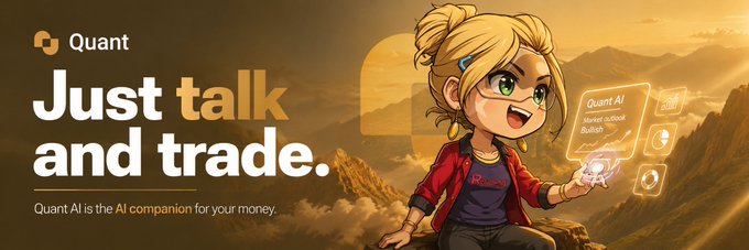 A banner ad for 'Quant' featuring an anime-style character with blonde hair holding a glowing orb, with the text 'Just talk and trade. Quant AI is the AI companion for your money.'