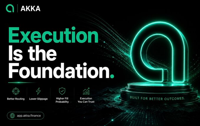 An advertisement for AKKA featuring a glowing green Omega-like symbol with the tagline 'Execution Is the Foundation.' and features including 'Better Routing', 'Lower Slippage', 'Higher Fill Probability', and 'Execution You Can Trust', directing users to app.akka.finance.