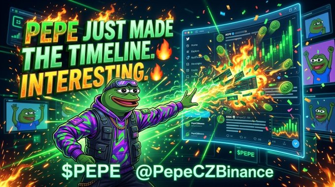 A promotional graphic featuring the Pepe frog character wearing sunglasses and a purple striped hoodie, with text reading 'PEPE JUST MADE THE TIMELINE INTERESTING' along with '$PEPE' and '@PepeCZBinance' against a chaotic background of trading charts and explosions.