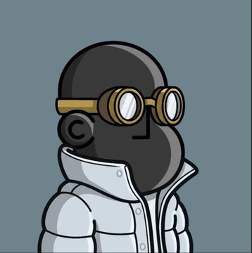 A stylized cartoon figure wearing a black balaclava and brass-rimmed goggles with white lenses, dressed in a light-colored collared jacket.