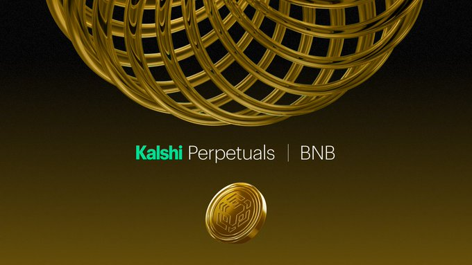 Promotional graphic with golden globe imagery and text reading "Kalshi Perpetuals | BNB" with a BNB coin displayed below.